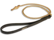 Chain Dog Lesh - Gold plated HS Dog Lead with leather handle Chain Dog Lesh - Gold plated HS Dog Lead with leather handle